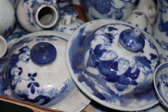 A large collection of 19th century Chinese blue and white vases, bowls, etc. and two famille rose pots